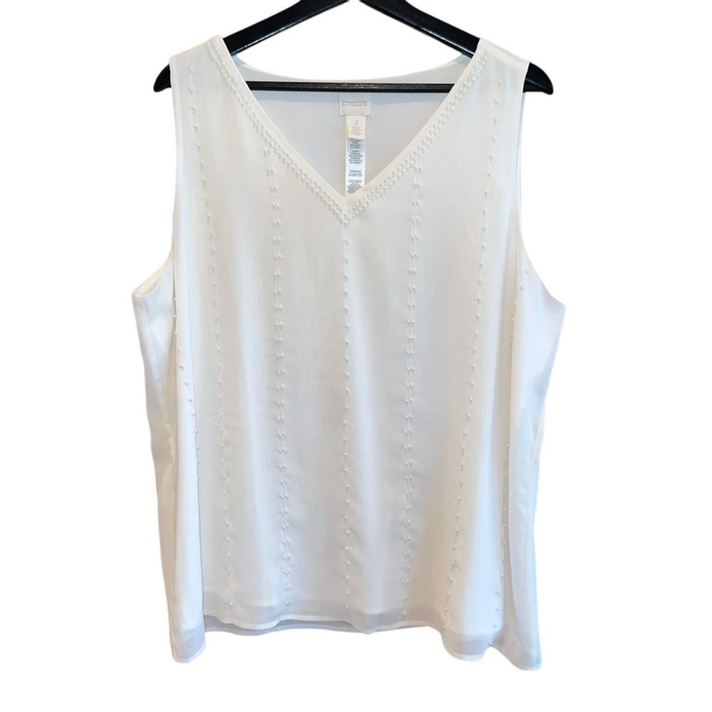 Chicos Sleeveless Blouse Womens XL Ivory Beaded Lined Lightweight Minimalist